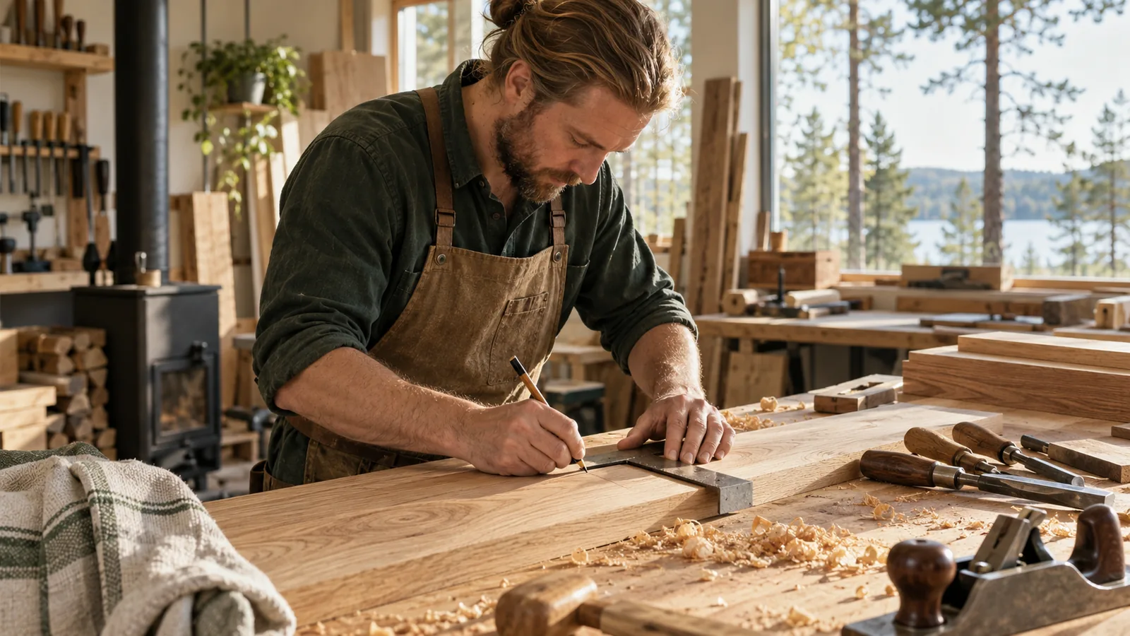 Kirvesmies mittaa tammilautaa valoisassa puutyöpajassa.