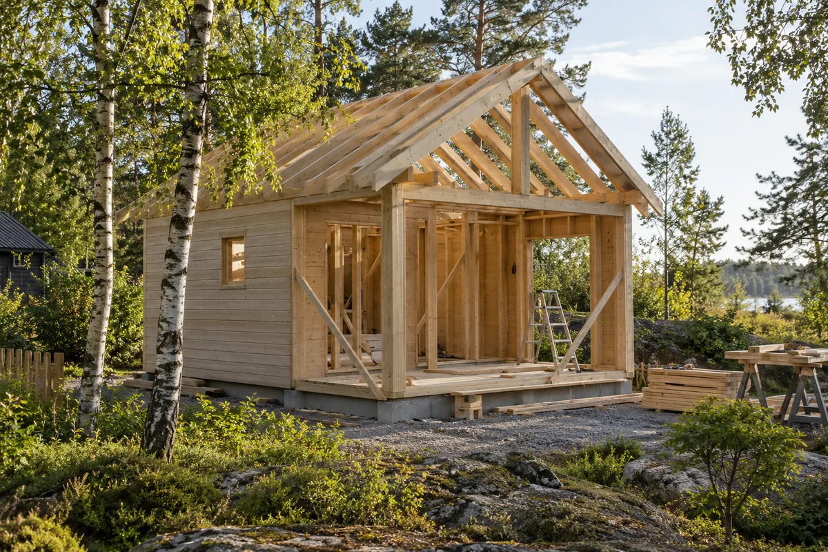 Pienen piharakennuksen puurunko, kattotuolit ja osittain valmis lautaverhous.