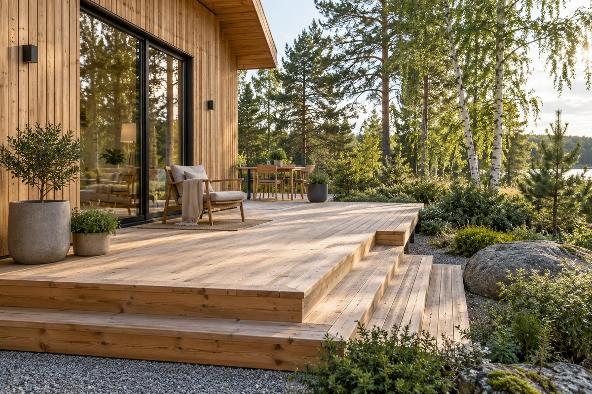 Vaalea puuterassi ja leveät puuportaat puuverhoillun talon vieressä.